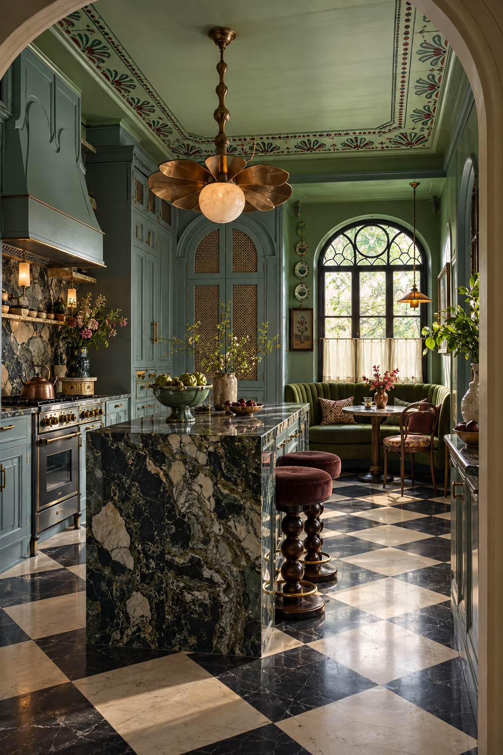 Concept rendering of a richly detailed green kitchen with patterned ceiling, stone island, and breakfast nook