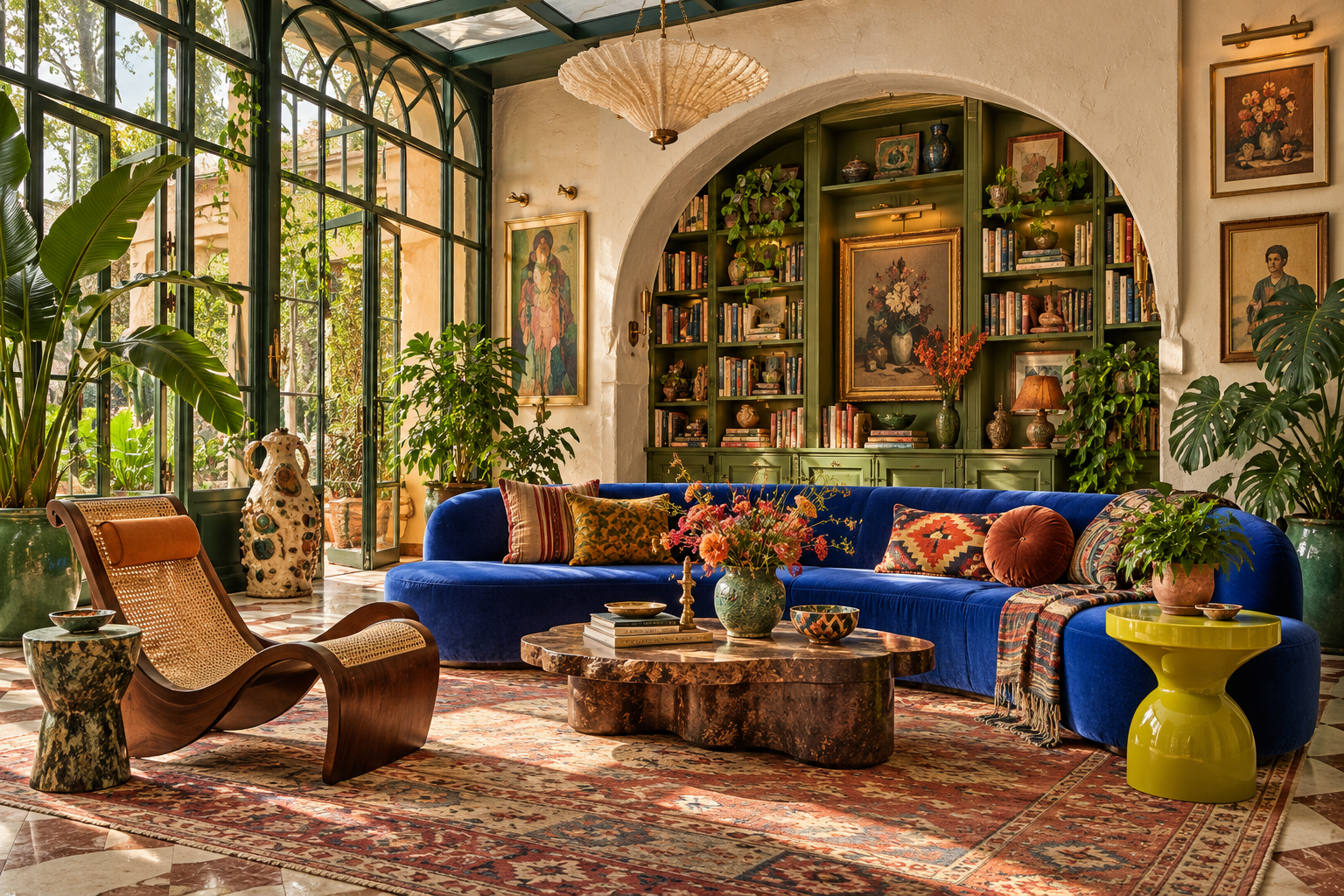 Concept rendering of a collected sunroom library with a cobalt sofa, art, books, and lush plants